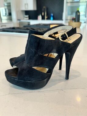2 Lips Too Black Faux Suede High Heel Platform Slingback Sandals